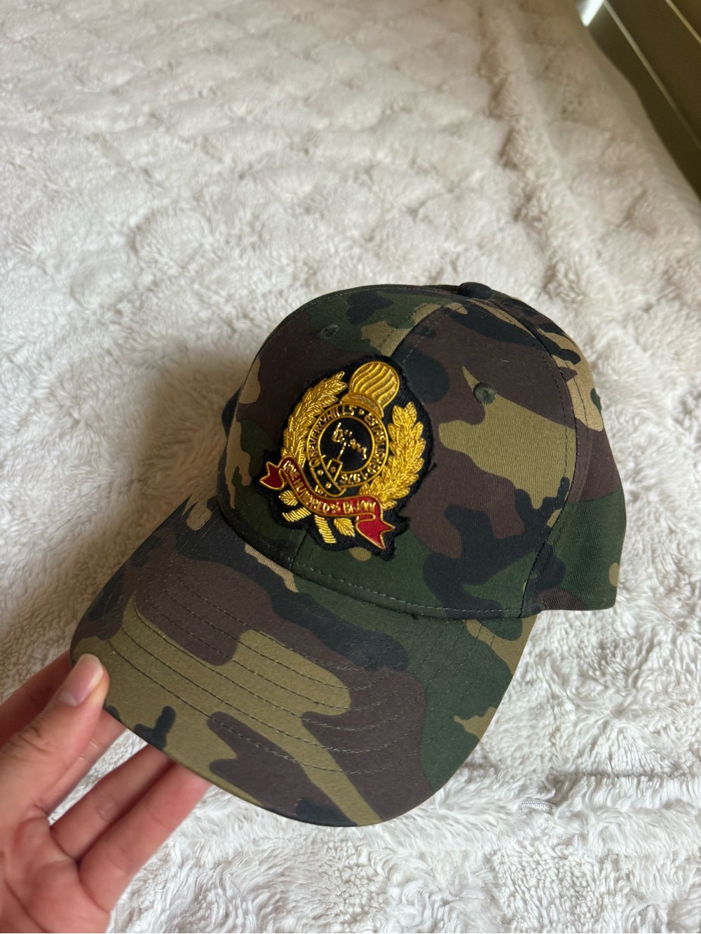 Camouflage Baseball Cap with Gold Crest Emblem